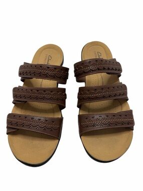 Clarks Brown Triple-Strap Leather Slide Sandals